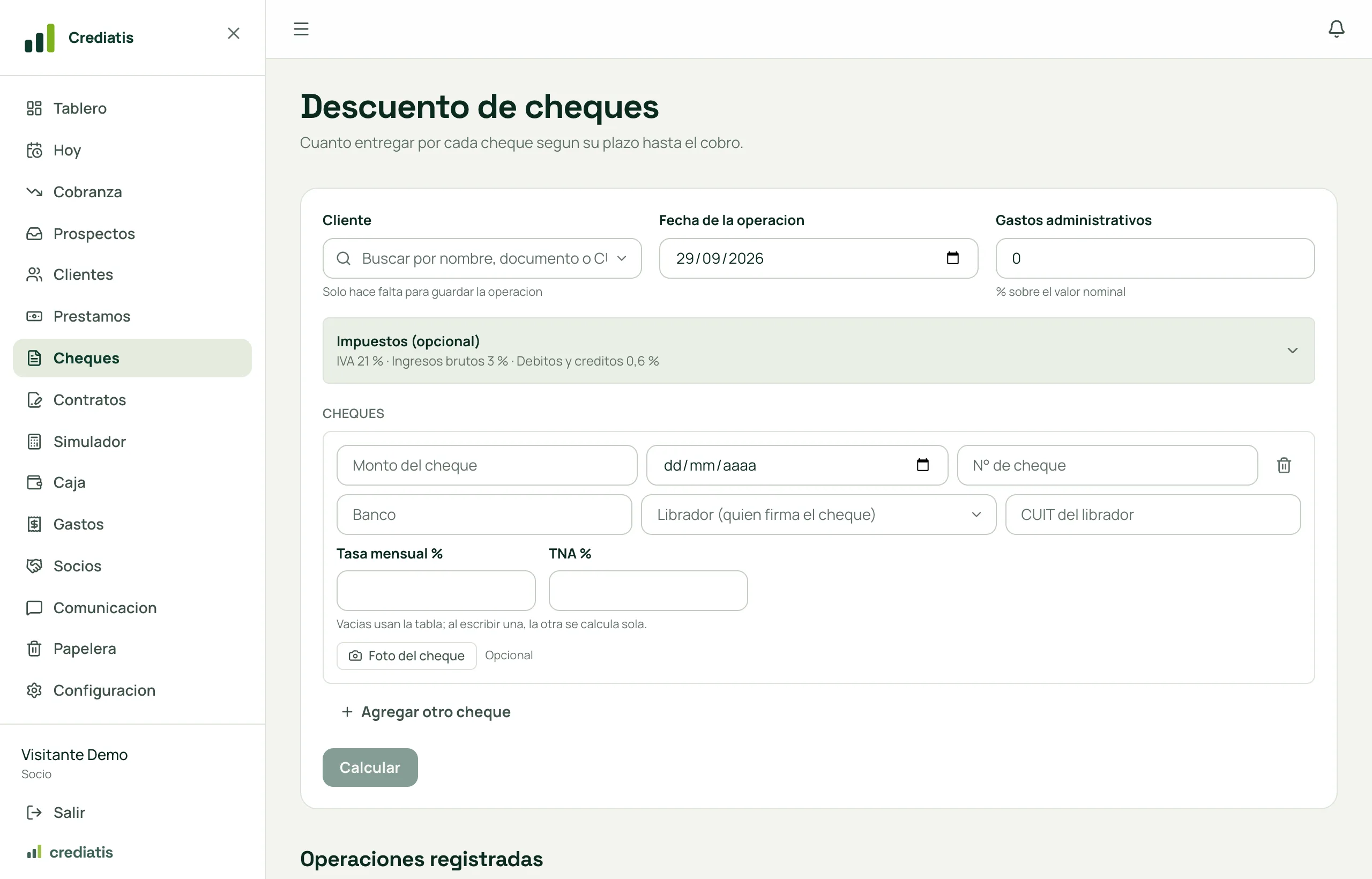 La pantalla de descuento de cheques: cliente, fecha, gastos administrativos, impuestos y la carga de cada cheque con su TNA