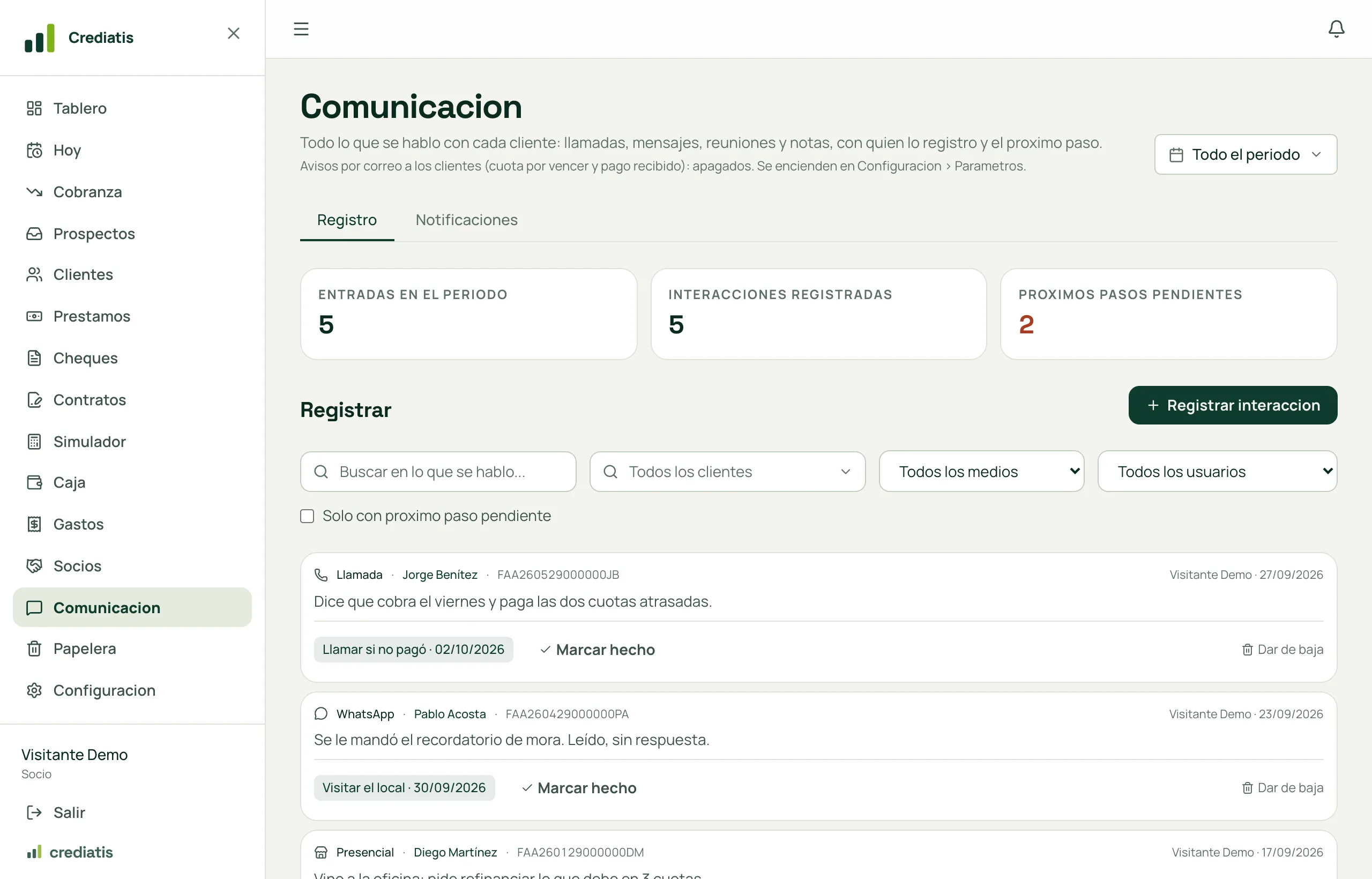 La pantalla de comunicación con el registro de interacciones, los filtros y las notas con próximo paso