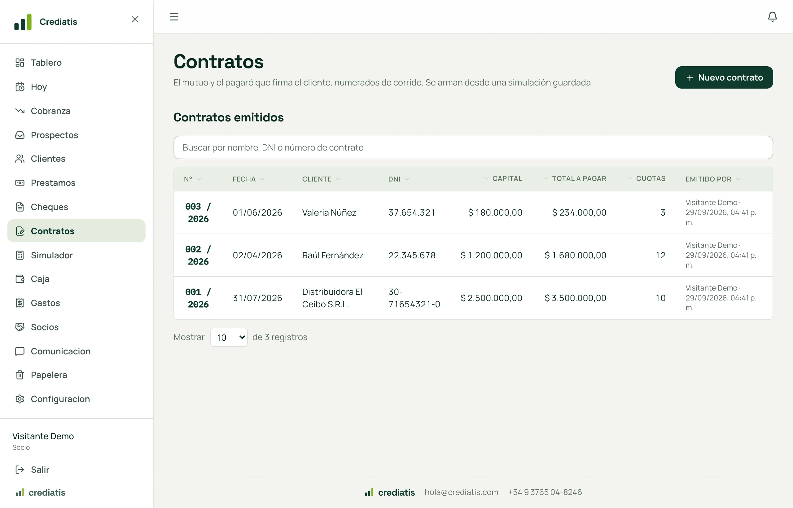 El historial de contratos emitidos con número, fecha, cliente, DNI, capital, total a pagar, cuotas y quién lo emitió