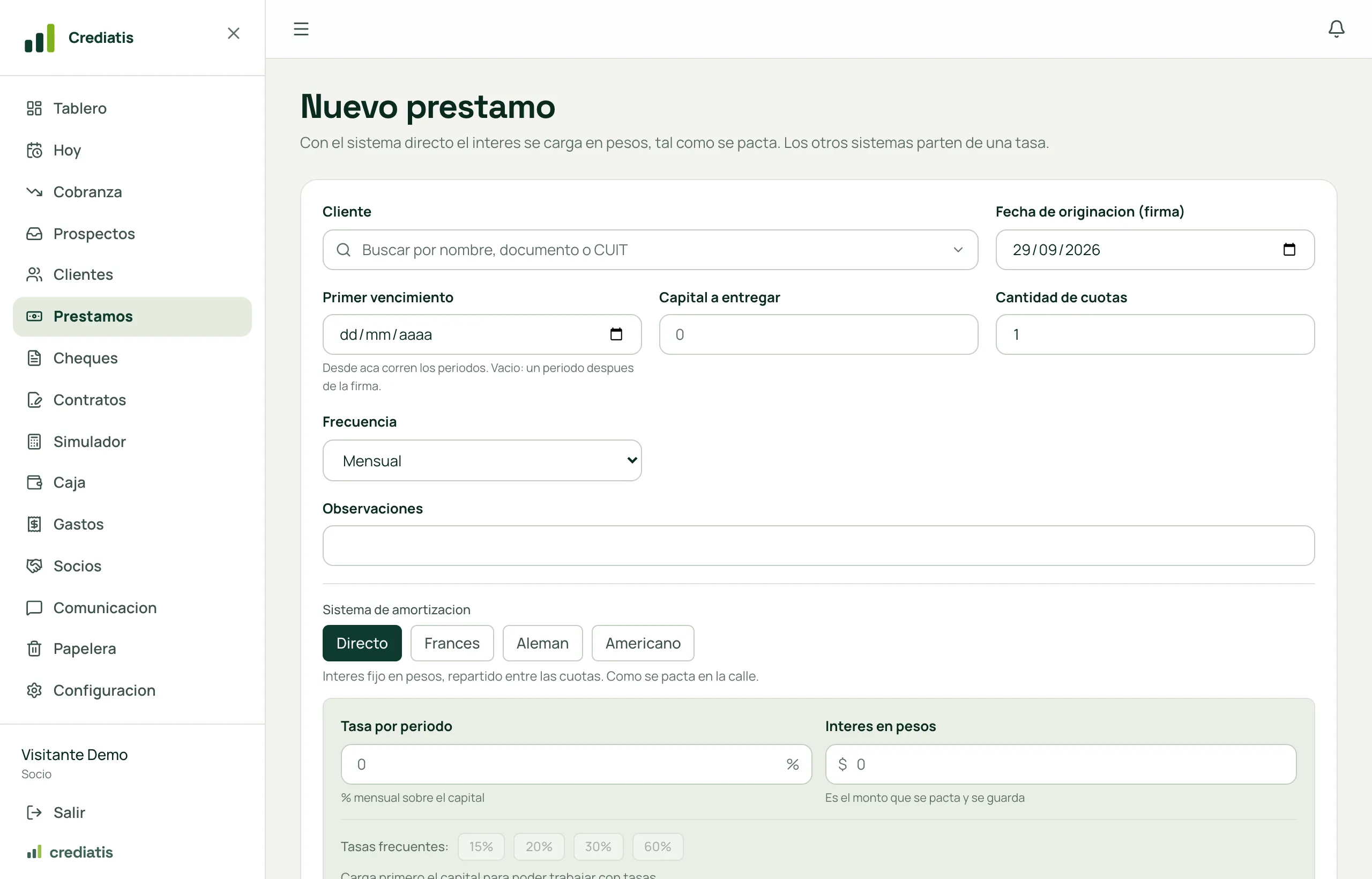 El alta de un préstamo: cliente, fecha, primer vencimiento, capital, cuotas, frecuencia, sistema de amortización y tasa o interés en pesos