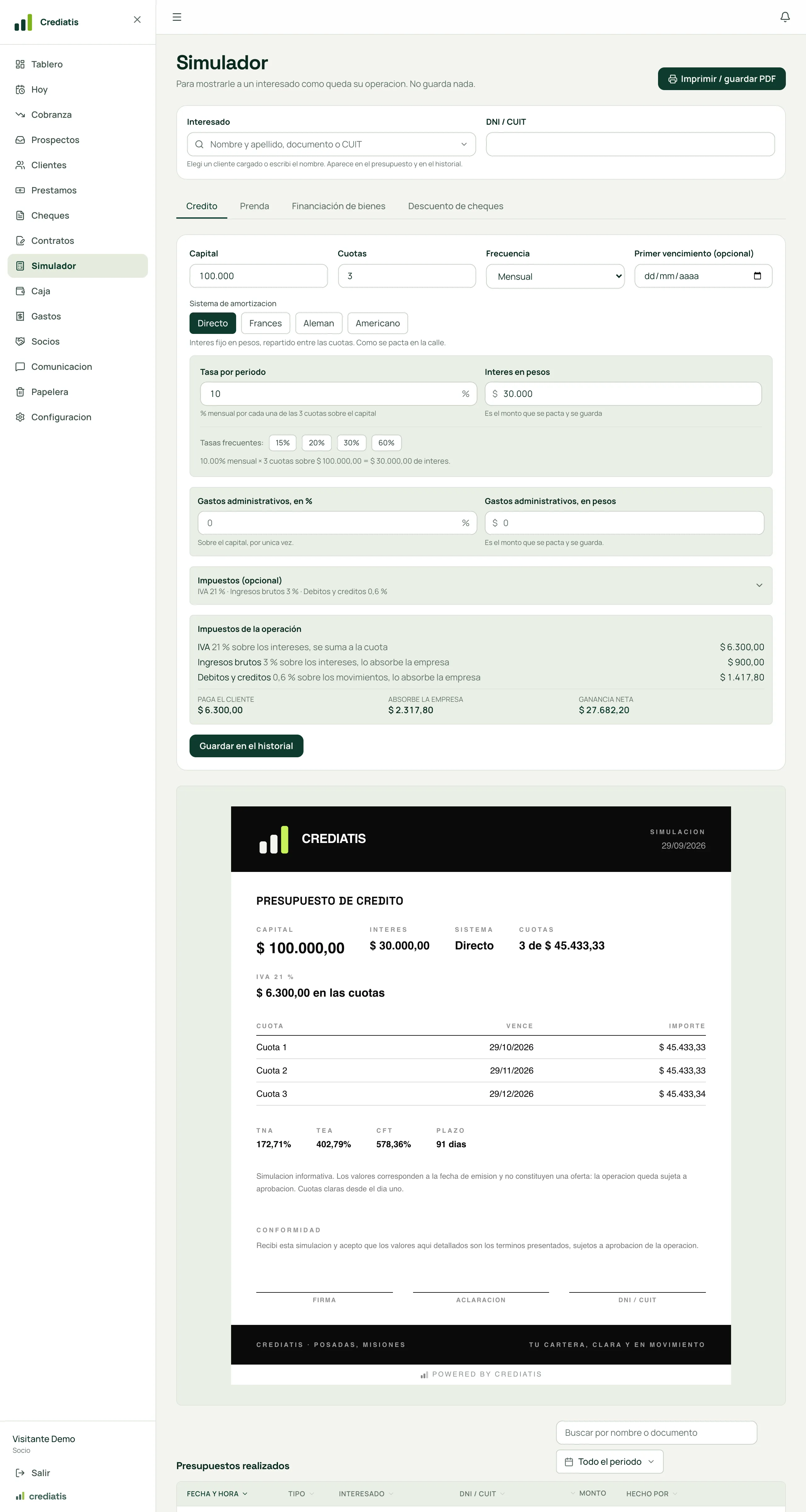 El simulador de Crediatis con un crédito de 100.000 y 30.000 de interés en 3 cuotas, y el presupuesto listo para imprimir